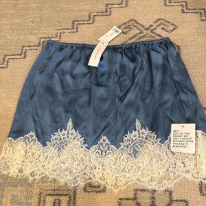 Topshop Slate Blue Satin Slip Skirt with Lace Hem